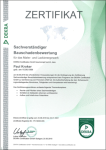 2018 – Zertifikat „Sachverständiger Bauschadenbewertung D1“ – Paul Kroker