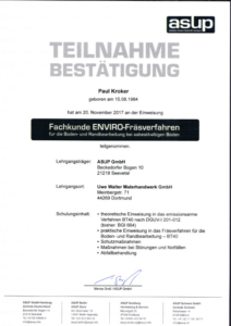 2017 – Zertifikat „Enviro Fräsverfahren“ – Paul Kroker