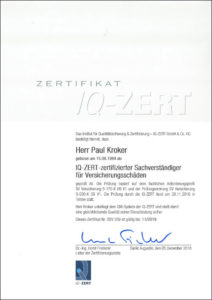 2016 – IQ-Zertifikat „Sachverständiger für Versicherungsschäden“ – Paul Kroker
