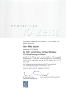 2016 – IQ-Zertifikat „Sachverständiger für Versicherungsschäden“ – Uwe Walter