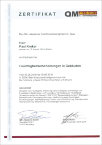 2016 – QM-Zertifikat „Fachseminar: Feuchtigkeitserscheinungen in Gebäuden“ – Paul Kroker