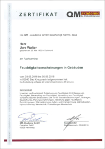 2016 – QM-Zertifikat „Fachseminar: Feuchtigkeitserscheinungen in Gebäuden“ – Uwe Walter