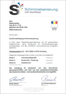 2006 – Zertifikat „Schimmelsanierung“ – Uwe Walter