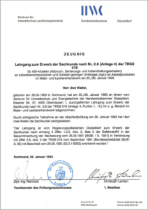 1993 – Zertifikat „Sachkunde TRGS 519” – Uwe Walter
