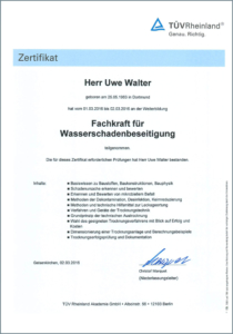 2016 – TÜV-Zertifikat „Fachkraft Wasserschadenbeseitigung“ – Uwe Walter