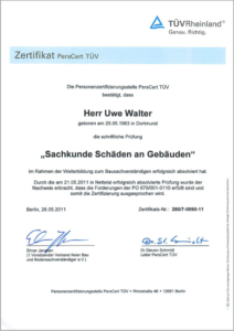 2011 – TÜV-Zertifikat „Schäden an Gebäuden“ – Uwe Walter